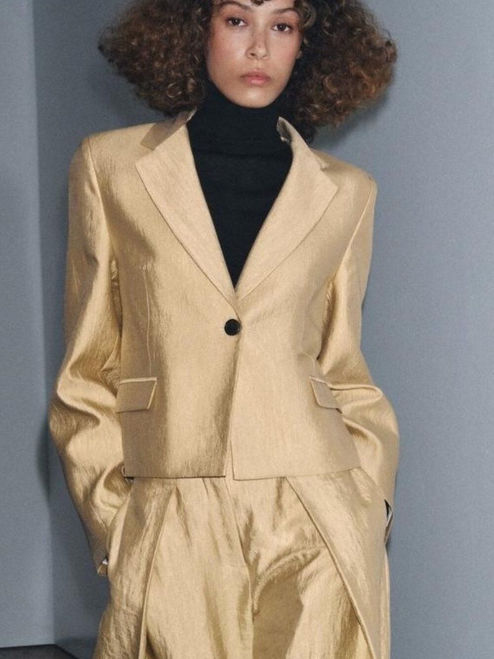 Zara ZW Womens Metallic Cropped Blazer Medium M Gold Notch Lapel 5344/244 NWT